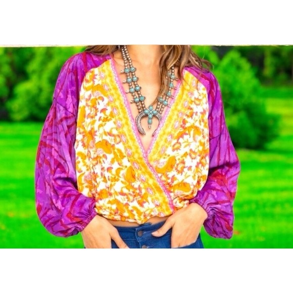 New! Free People Cruisin Together Print Top size Medium Boho Chic Purple M $108 - Picture 2 of 12